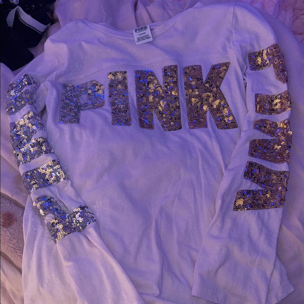 PINK Victoria's Secret pink ombré Long Sleeve with Silver Sequins size M
